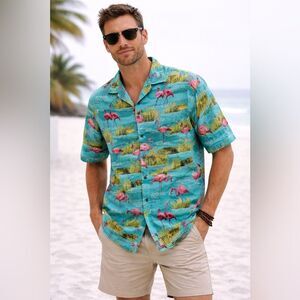 Aloha Republic Men's Turquoise Flamingo Alligator Hawaiian Print Shirt Size XL